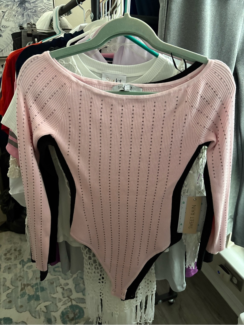 Sweet Rain Pink & Black Long Sleeve Ribbed Bodysuit